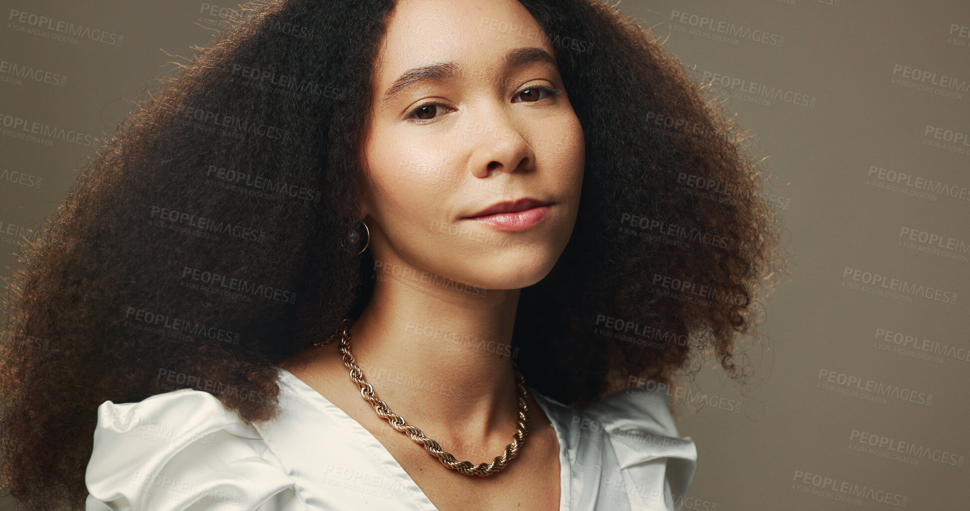 Buy stock photo Hair, studio and portrait of African woman for wellness, texture and growth treatment. Hairdresser, aesthetic and face of person with natural style for cosmetics, salon and beauty on brown background