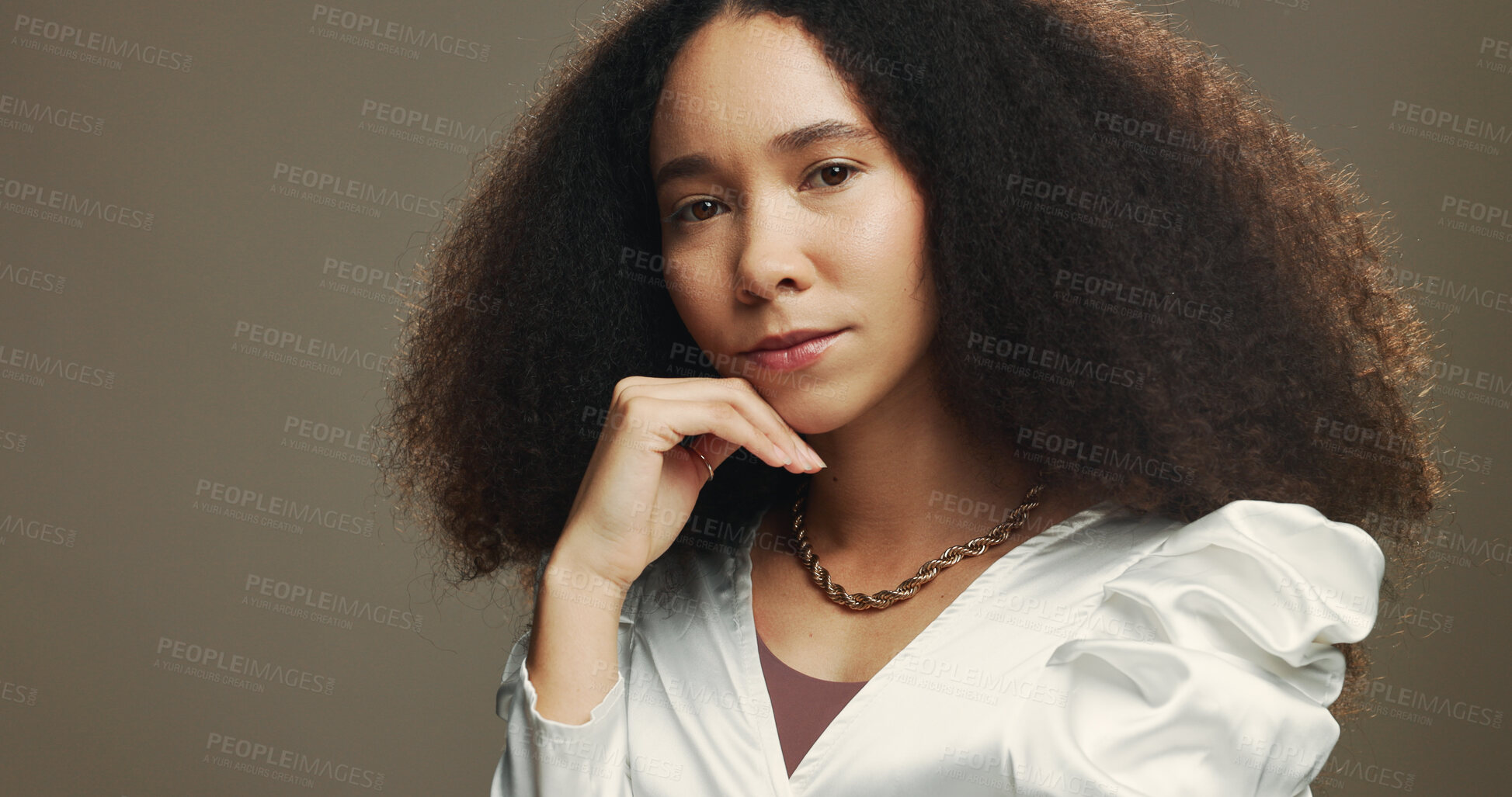 Buy stock photo Beauty, cosmetics and portrait of woman in studio for wellness, texture and keratin treatment. Hairdresser, aesthetic and girl with natural style for cosmetics, salon or hair care on brown background