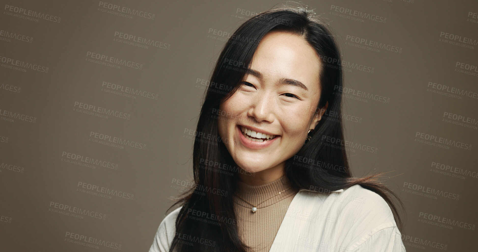 Buy stock photo Skincare, happy and portrait of Asian woman in studio with beauty, natural and facial mockup. Glow, space and female person with face dermatology treatment for hydration by brown background.