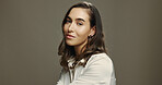 Portrait, confident and woman with makeup, studio and self expression with cosmetics, model and beauty. Space, proud and person with glow of foundation, aesthetic and appearance with facial treatment