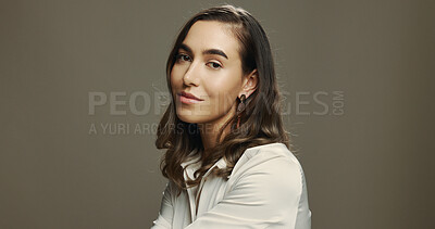 Buy stock photo Portrait, confident and woman with makeup, studio and self expression with cosmetics, model and beauty. Space, proud and person with glow on mockup, aesthetic and appearance with facial treatment