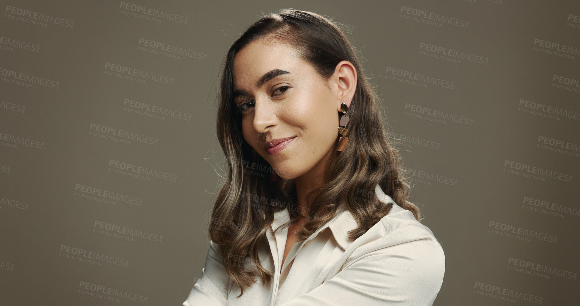 Buy stock photo Portrait, happy and woman with makeup, studio and self expression with cosmetics, model and beauty. Space, confident and person with glow of foundation, aesthetic and appearance with facial treatment