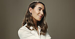Beauty, woman and thinking in studio with makeup, cosmetics or smile for transformation. Person, accessories or happy on gray background space for cosmetology, salon facial or aesthetic for self care