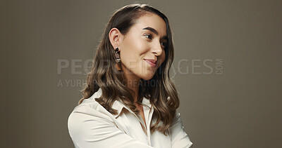 Buy stock photo Beauty, woman and thinking in studio with makeup, cosmetics or smile for transformation. Person, accessories or happy on gray background space for cosmetology, salon facial or aesthetic for self care