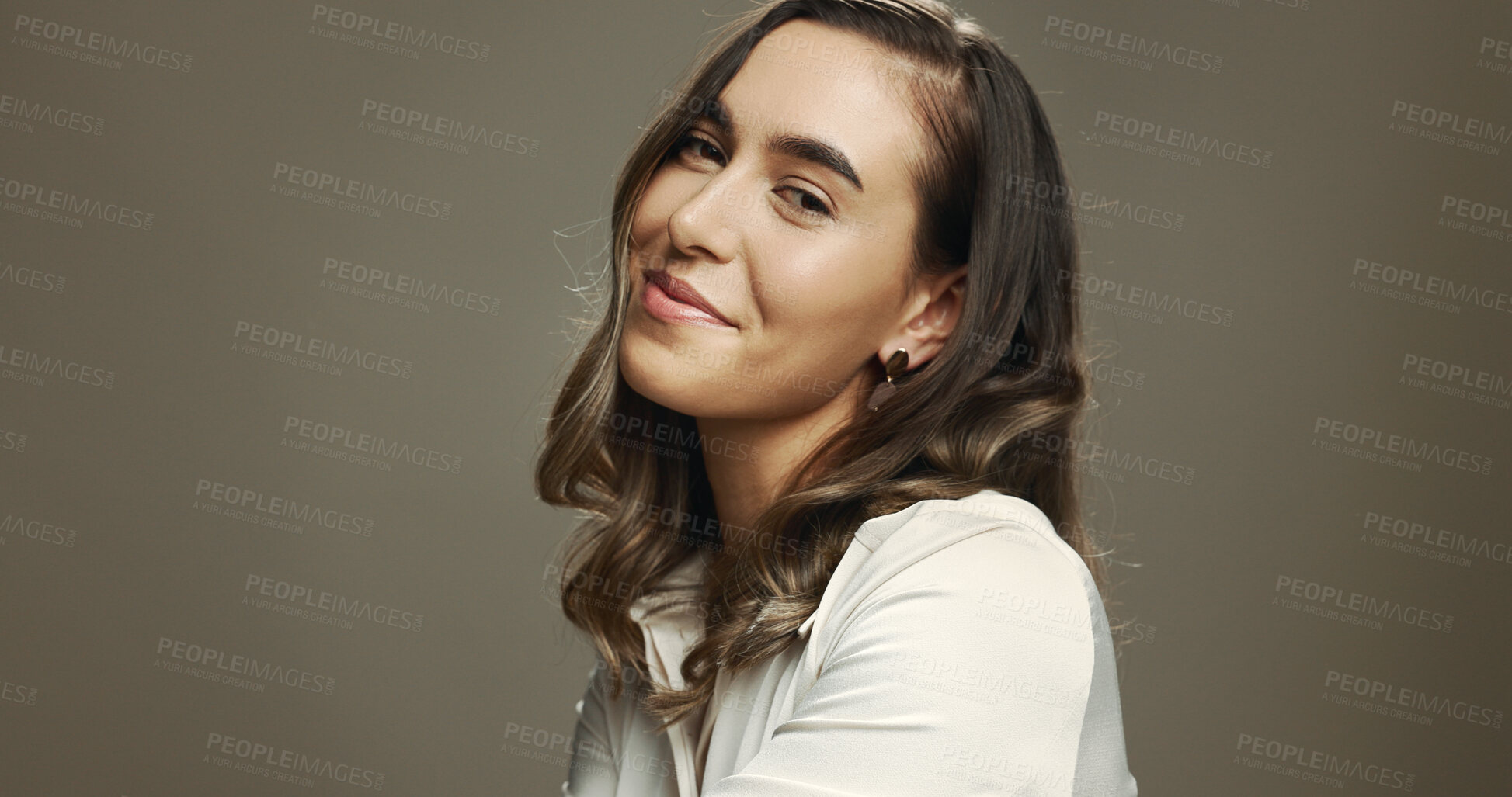 Buy stock photo Portrait, beauty and woman with makeup, smile and self expression with cosmetics, model and confident. Studio background, happy and person with glow of foundation, space and appearance with treatment