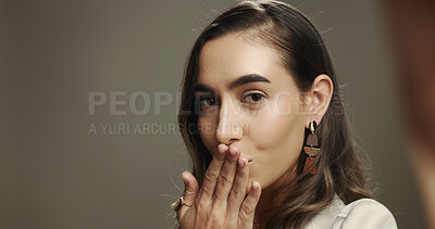 Buy stock photo Woman, portrait and selfie with kiss with beauty, natural cosmetics and studio. Influencer, confident and POV on gray background space for photography, social media engagement and content creation