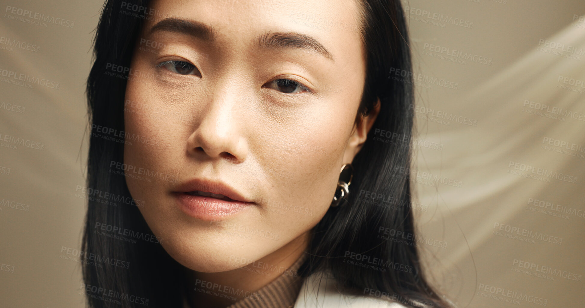 Buy stock photo Beauty, cosmetics and portrait of Asian woman in studio for skincare, treatment or wellness. Collagen, dermatology and makeup with confident model on fabric backdrop for aesthetic transformation