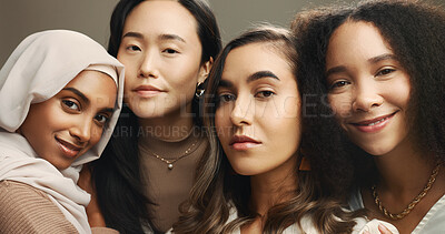 Buy stock photo Beauty, happy and portrait of women in studio for skincare, cosmetics and diversity. Friends, brown background or face of people with natural skin for inclusion, support and glow for facial treatment