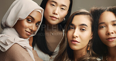 Buy stock photo Beauty, friends and portrait of women in studio for skincare, cosmetics and makeup. Diversity, brown background or face of people with natural skin for inclusion, support or glow for facial treatment