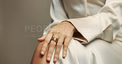 Buy stock photo Fashion, hand and jewelry with person in studio for accessories, style or trinkets closeup. Luxury, manicure and metal with ring on finger of model for elegance, glamour or wealth on gray background