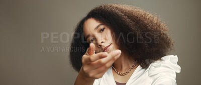 Buy stock photo Hair, hand gesture and portrait of woman on studio mockup for beauty, keratin or shampoo treatment. Afro, attitude and giving with confident model on gray background space for aesthetic offer