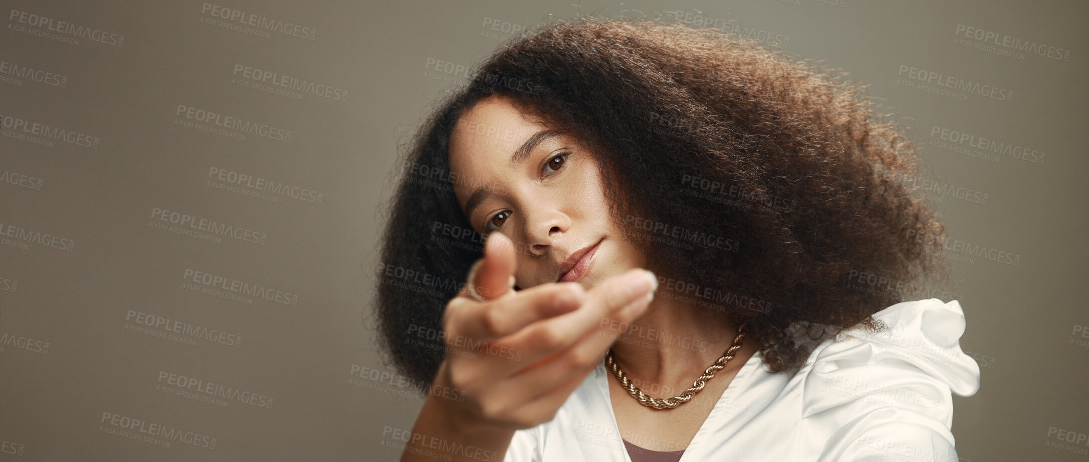 Buy stock photo Hair, hand gesture and portrait of woman on studio mockup for beauty, keratin or shampoo treatment. Afro, attitude and giving with confident model on gray background space for aesthetic offer