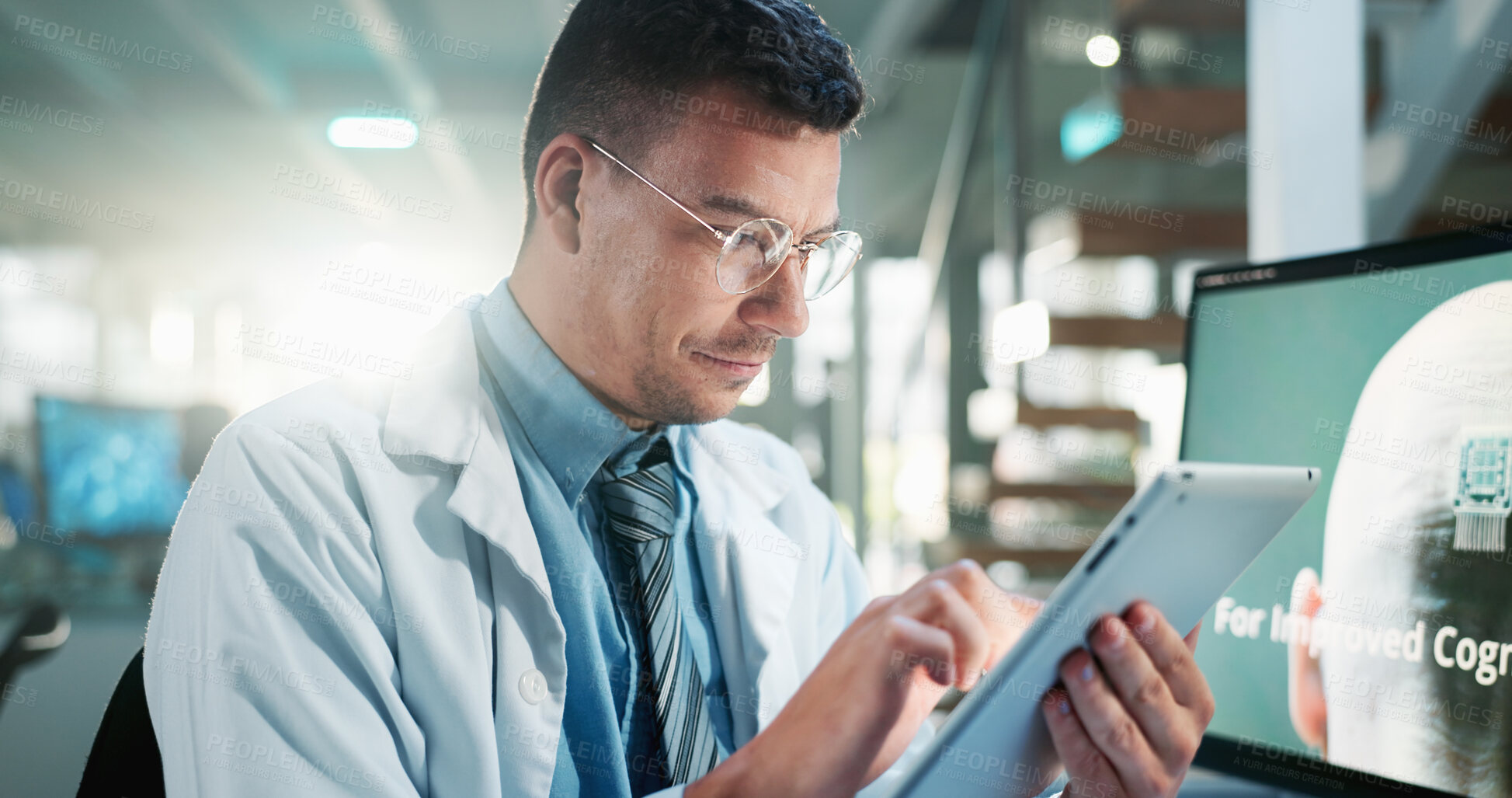 Buy stock photo Laboratory, man or science with tablet for research, brain information or results for microchip study. Clinic, male scientist or learning with computer screen for medical innovation, scroll or review