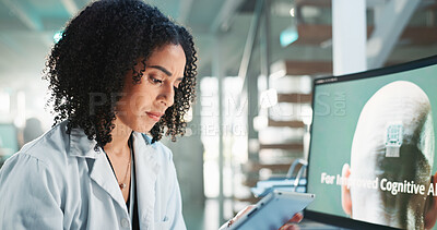 Buy stock photo Laboratory, woman and confused with tablet for research, information or results for microchip study. Clinic, female scientist or solution with computer screen for medical innovation, check or science