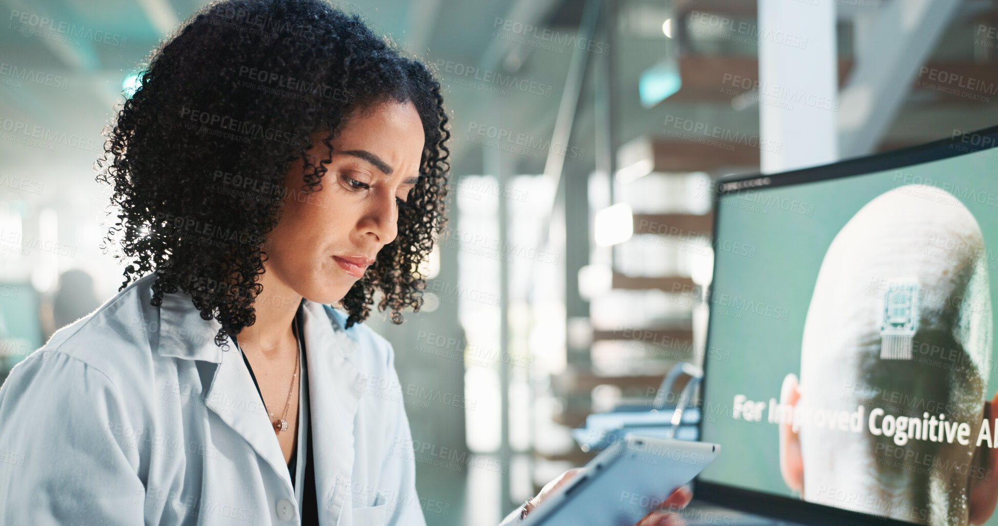 Buy stock photo Laboratory, woman and confused with tablet for research, information or results for microchip study. Clinic, female scientist or solution with computer screen for medical innovation, check or science