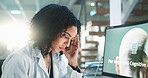 Research, science and woman in lab, headache and deadline for microchip, pressure and tension. Person, employee and scientist in workplace, computer screen and migraine with stress, pain and burnout