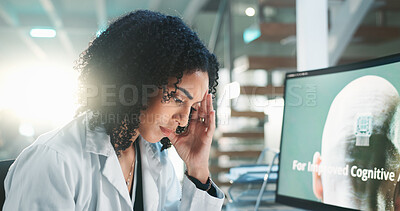 Buy stock photo Research, science and woman in lab, headache and deadline for microchip, pressure and tension. Person, employee and scientist in workplace, computer screen and migraine with stress, pain and burnout