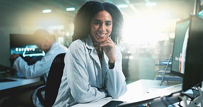 Buy stock photo Laboratory, woman and portrait with computer for research, information and smile for microchip study. Healthcare, female person and scientist with pride for medical innovation, future and happiness
