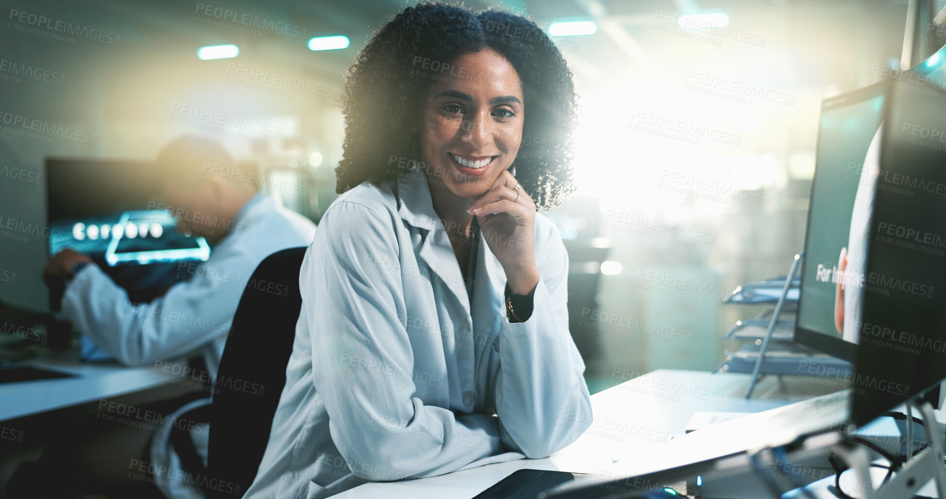 Buy stock photo Laboratory, woman and portrait with computer for research, information and smile for microchip study. Healthcare, female person and scientist with pride for medical innovation, future and happiness