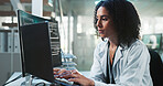 Research, science and woman in lab, laptop and biotechnology with microchip analysis. Person, employee and scientist with medical innovation, computer and thinking with system development or internet