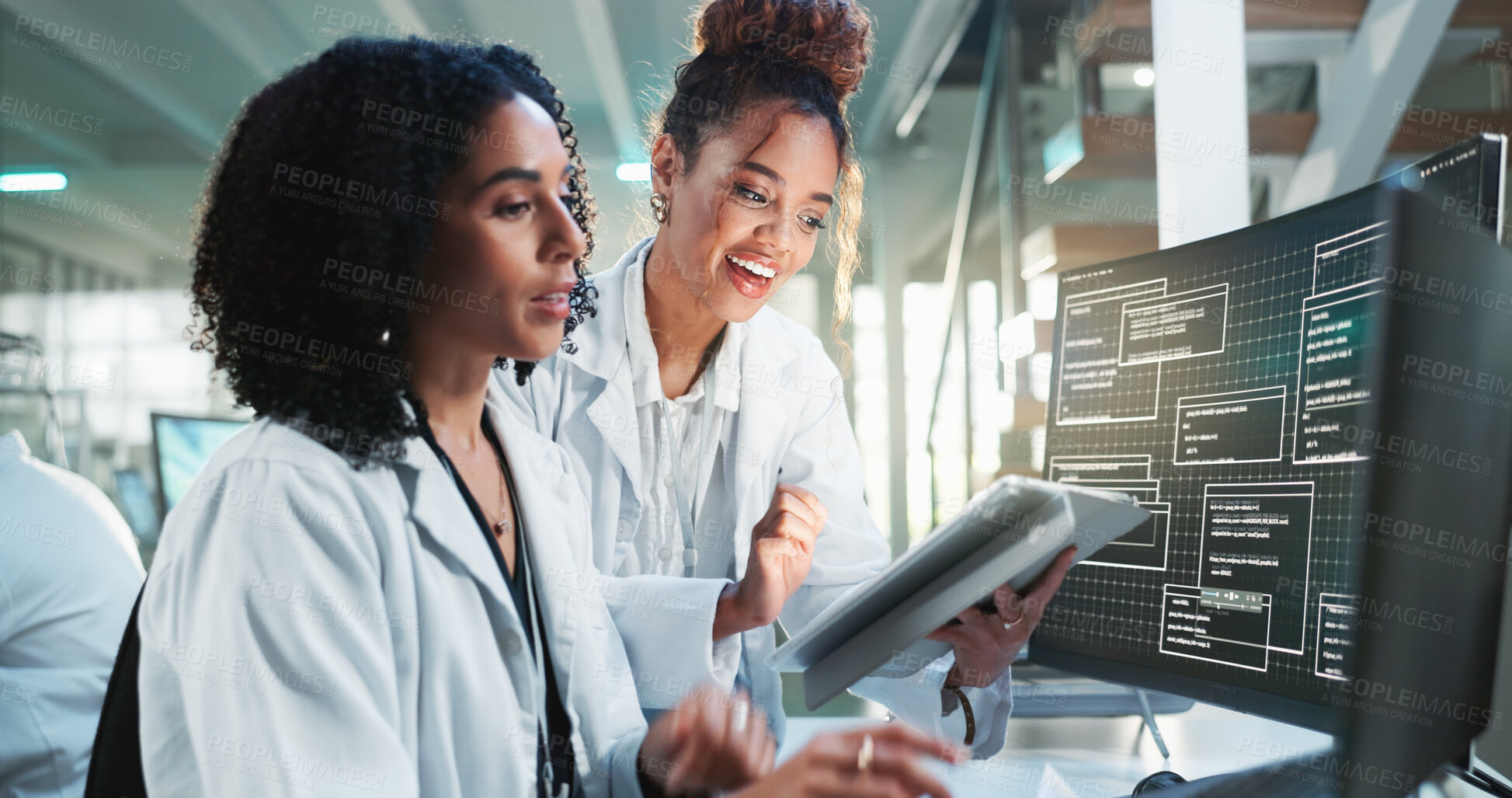 Buy stock photo Tablet, computer and women in laboratory with teamwork for data analysis, research and advice. Science, collaboration and medical study with scientist, technology and innovation results on screen
