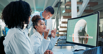 Buy stock photo Research, conversation and people with computer screen, microchip and coaching with neuroscience. Biotech, man and women in office, pc and mentor with solution, medical advice and explain results