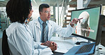 Research, science and people with computer screen, microchip and coaching with planning. Scientist, man and woman in office, pc and talking with solution, advice and explain with mentor or technology