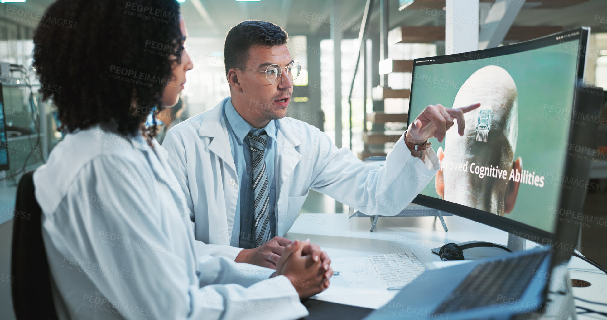Buy stock photo Research, science and people with computer screen, microchip and coaching with planning. Scientist, man and woman in office, pc or talking with solution, medical advice or explain with mentor or tech
