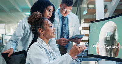 Buy stock photo Research, teamwork and people with computer screen, microchip and neuroscience with planning. Scientist, man and women with pc, cognitive experiment and advice with solution, biotechnology or explain
