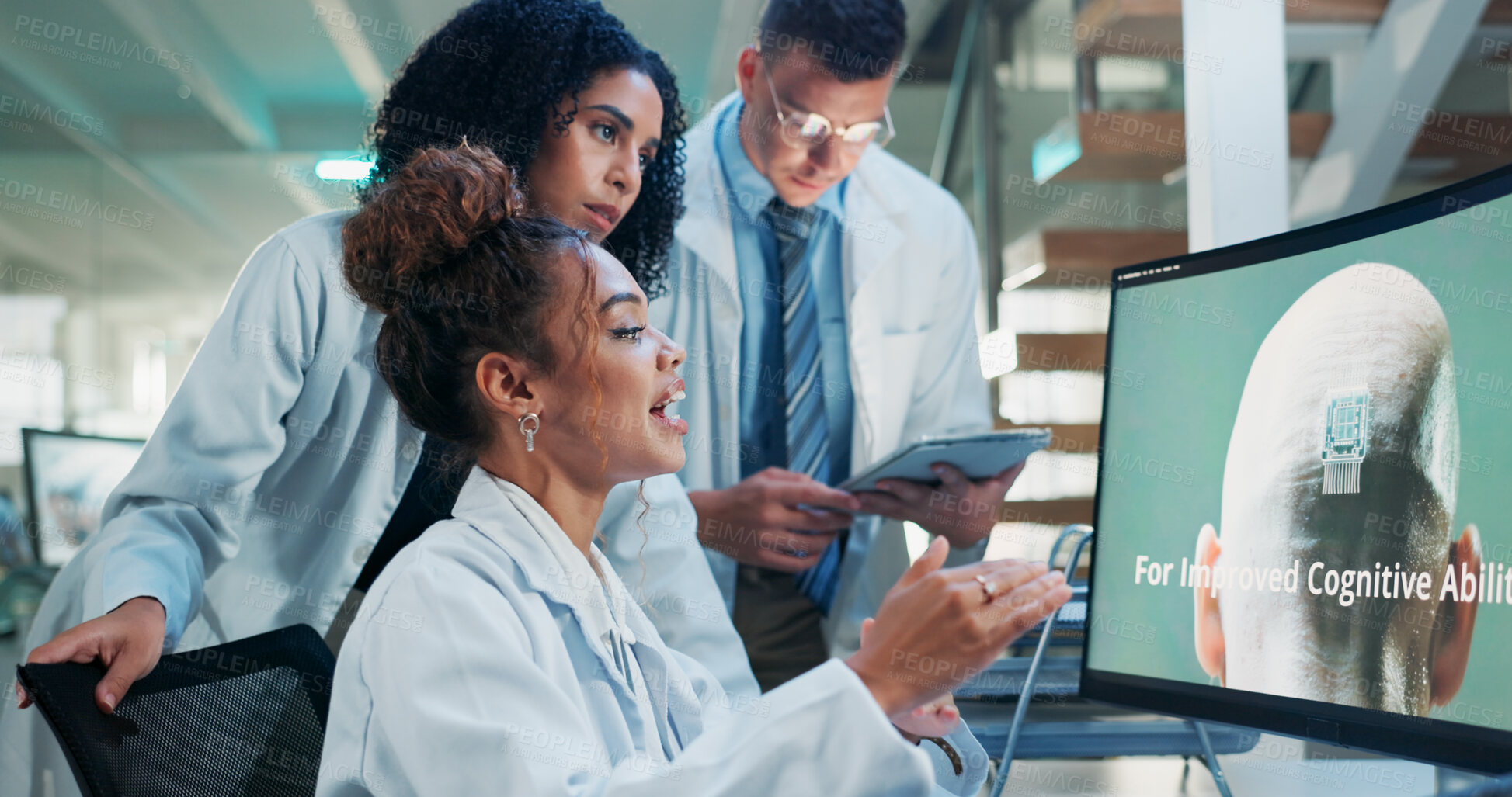 Buy stock photo Research, teamwork and people with computer screen, microchip and neuroscience with planning. Scientist, man and women with pc, cognitive experiment and advice with solution, biotechnology or explain