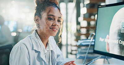Buy stock photo Laboratory, woman and science with tablet for research, brain information or results for microchip study. Smile, female scientist or reading by computer screen for medical innovation, check or review
