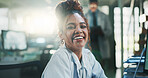 Happy, woman and portrait of scientist in laboratory with confidence for medical study project. Pride, smile and professional female biologist with pharmaceutical discovery, innovation or science.