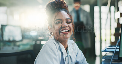 Buy stock photo Happy, woman and portrait of scientist in laboratory with confidence for medical study project. Lens flare, research and biologist with pharmaceutical discovery, innovation or healthcare science.