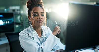 Buy stock photo Science, computer and scientist in lab at night for medical research, innovation and vaccine development. Healthcare, pharmaceutical and woman on laptop for medicine, breakthrough and discovery