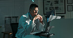 Computer, doctor and x ray with man in hospital office for diagnosis or radiology review. Healthcare, medical and thinking with serious medicine professional in clinic at night for problem solving