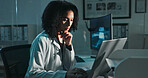 Science, computer and black woman in lab at night for medical research, innovation and vaccine development. Healthcare, pharmaceutical and scientist on laptop for medicine, breakthrough and discovery
