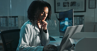 Buy stock photo Science, computer and black woman in lab at night for medical research, innovation and vaccine development. Healthcare, pharmaceutical and scientist on laptop for medicine, breakthrough and discovery