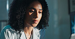 Woman, doctor and thinking in hospital with doubt, stress and regret for healthcare mistake. Medical specialist, face and reflection in office for problem solving, career challenge and sad memories