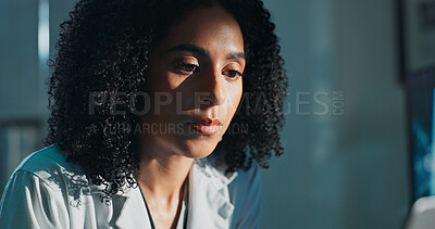 Buy stock photo Woman, doctor and thinking in hospital with doubt, stress and regret for healthcare mistake. Medical specialist, face and reflection in office for problem solving, career challenge and sad memories