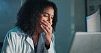 Tired, woman and scientist with yawn in laboratory at night for medical discovery with deadline. Fatigue, burnout and female microbiologist with medical research for pharmaceutical innovation.