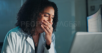 Buy stock photo Tired, woman and scientist with yawn in laboratory at night for medical discovery with deadline. Fatigue, burnout and female microbiologist with healthcare research for pharmaceutical innovation.