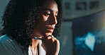 Science, research and woman in lab, thinking and medical innovation with contemplation. Person, scientist and employee in workplace, computer and choice with online reading and ideas for experiment