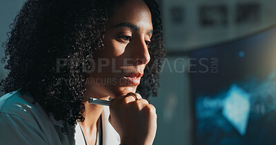 Buy stock photo Science, research and woman in lab, thinking and medical innovation with contemplation. Person, scientist and employee in workplace, computer and choice with online reading and ideas for experiment