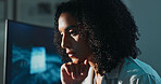 Science, research and woman with planning, thinking and medical innovation with contemplation. Person, scientist and employee in lab, pc and thoughtful with online reading or decision with experiment