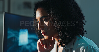 Buy stock photo Science, research and woman with planning, thinking and medical innovation with contemplation. Person, scientist and employee in lab, pc and thoughtful with online reading or decision with experiment