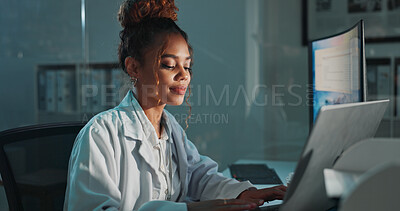 Buy stock photo Science, laptop and woman in lab at night for medical research, innovation and vaccine development. Healthcare, pharmaceutical and scientist on computer for medicine, breakthrough and discovery