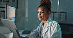 Science, computer and woman in lab at night for medical research, innovation and vaccine development. Healthcare, pharmaceutical and scientist on laptop for medicine, breakthrough and discovery