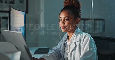 Buy stock photo Science, computer and woman in lab at night for medical research, innovation and vaccine development. Healthcare, pharmaceutical and scientist on laptop for medicine, breakthrough and discovery