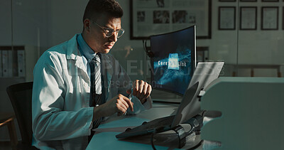 Buy stock photo Science, computer and man in lab at night for medical research, innovation and vaccine development. Healthcare, pharmaceutical and scientist on laptop for medicine, breakthrough and discovery