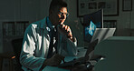 Laptop, thinking and man in lab at night for medical research, innovation and vaccine development. Healthcare, pharmaceutical and scientist on computer for medicine, breakthrough and discovery